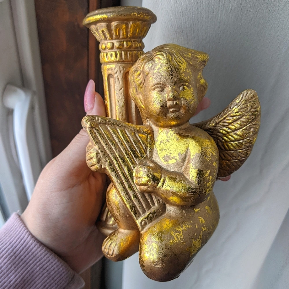 Ceramic Gold Cherub Candlestick Holder